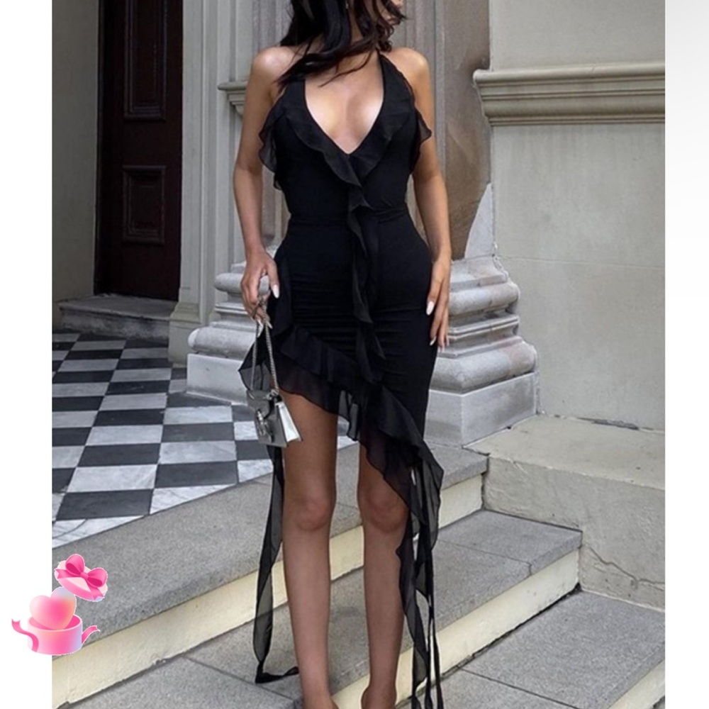 Enmiol V Neck Halter Ruffled Trim Irregular Hem Mini Dress black